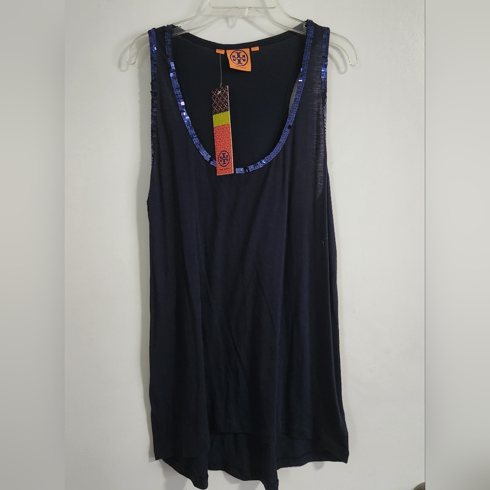 NWT Tory Burch Ernsta Tank Top Navy Sequin Trim Size Large